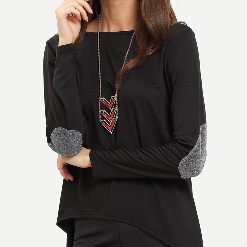Black Long Sleeve High-Low Silver Elbow Patch Top